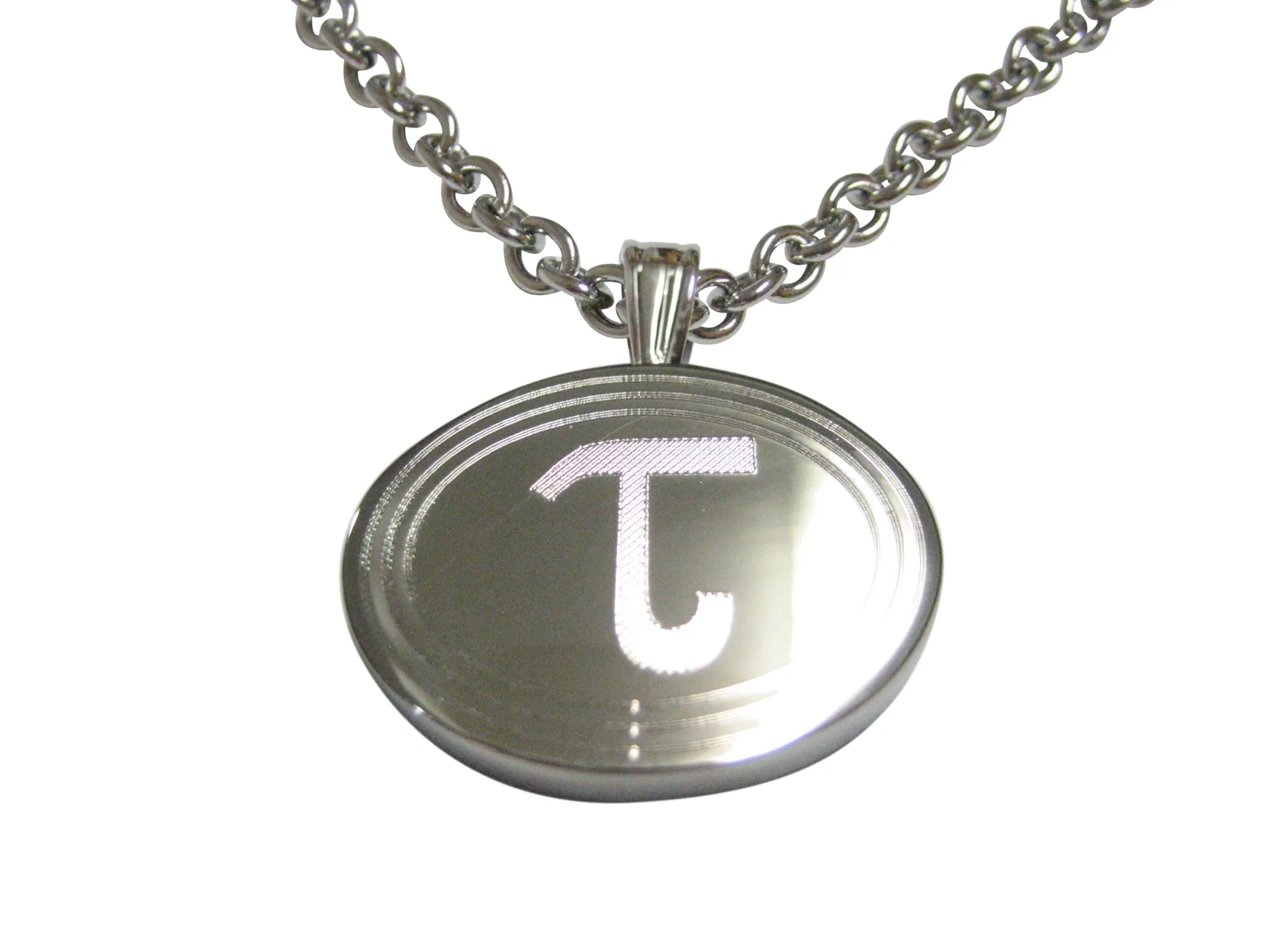Silver Toned Etched Oval Greek Letter Tau Pendant Necklace
