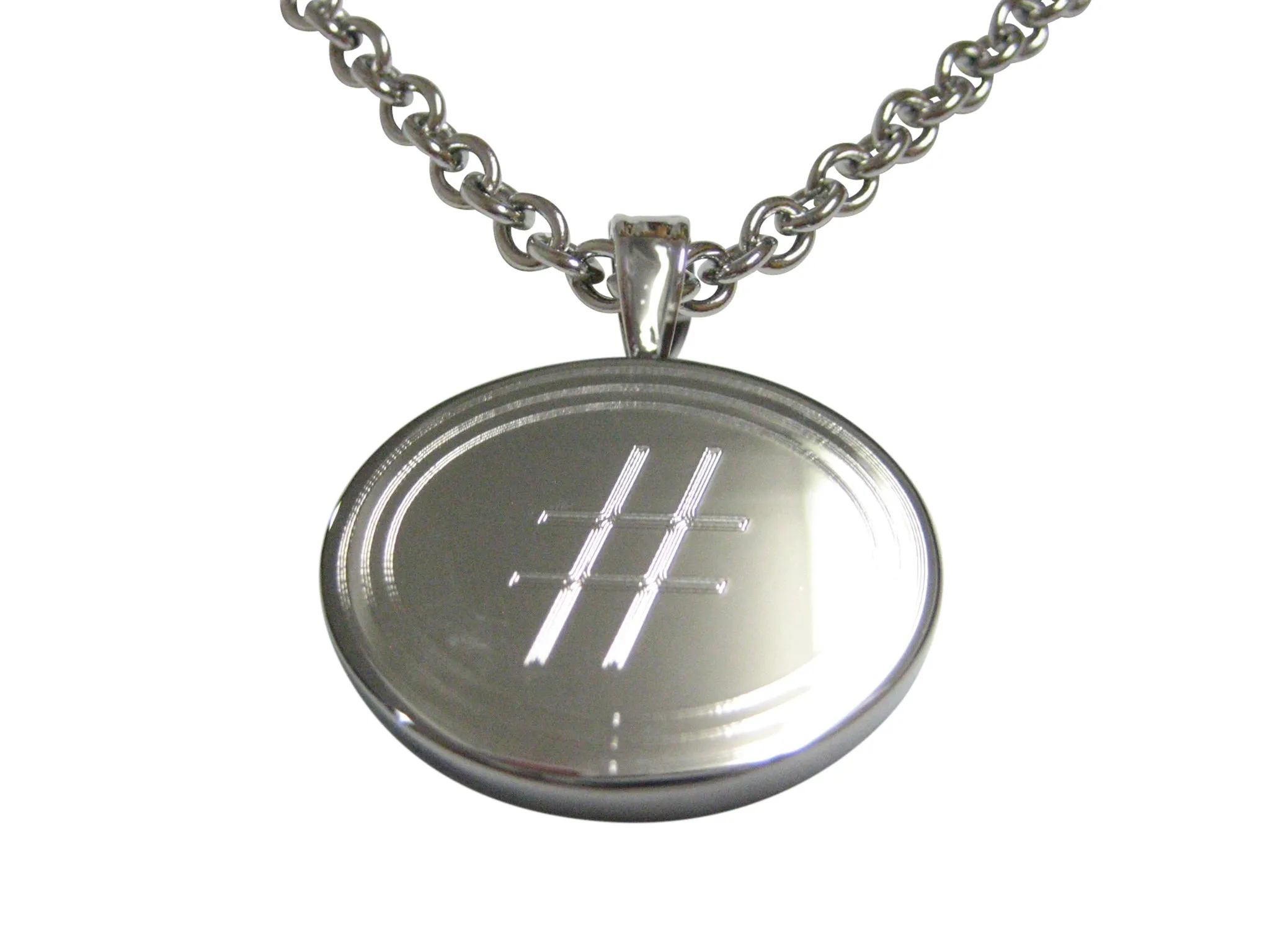Silver Toned Etched Oval Pound Hash Tag Symbol Pendant Necklace