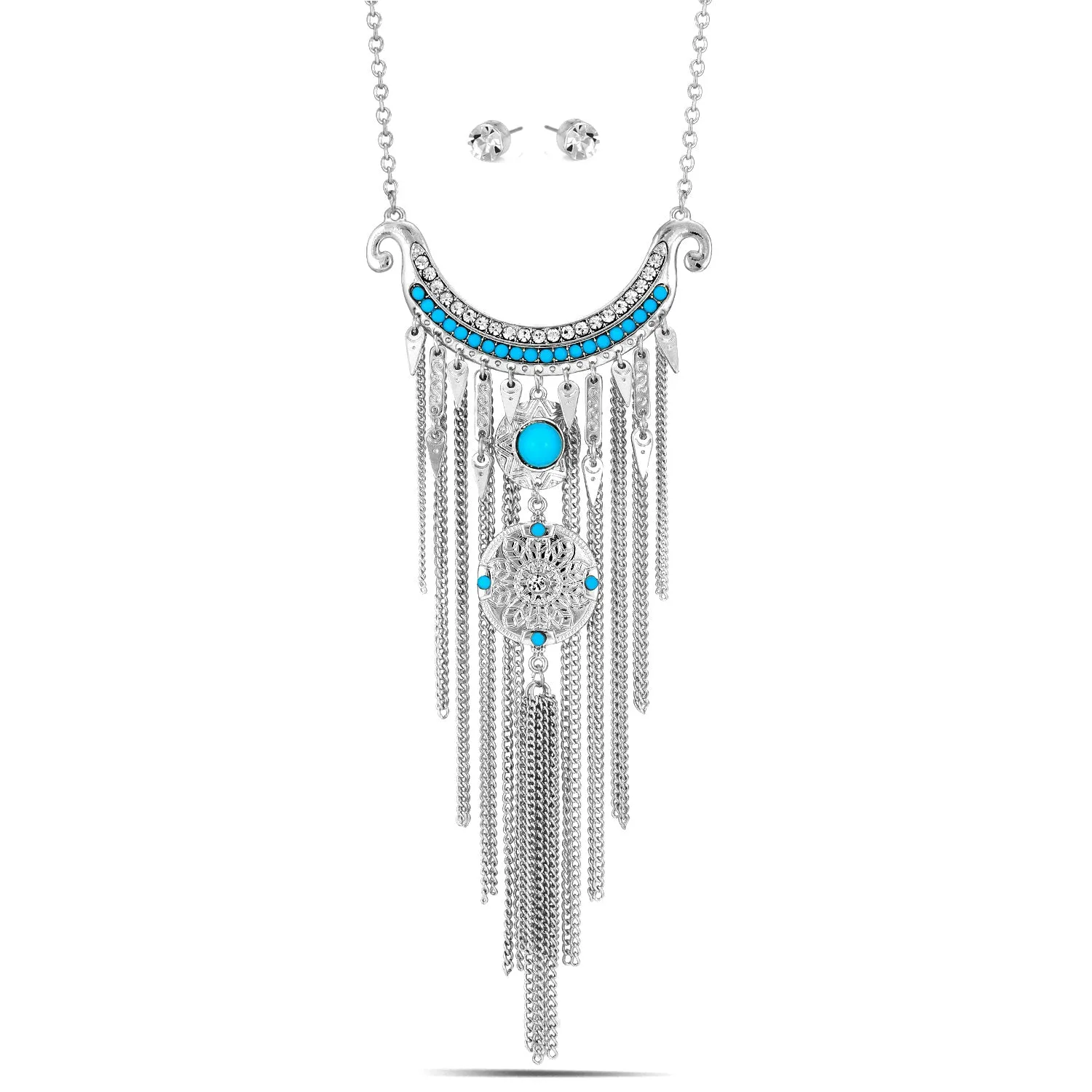 SILVER TURQUOISE AND CRYSTAL GOLD TASSEL EARRINGS AND NECKLACES #SW-S14562SIL (TB19)