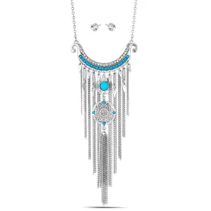 SILVER TURQUOISE AND CRYSTAL GOLD TASSEL EARRINGS AND NECKLACES #SW-S14562SIL (TB19)