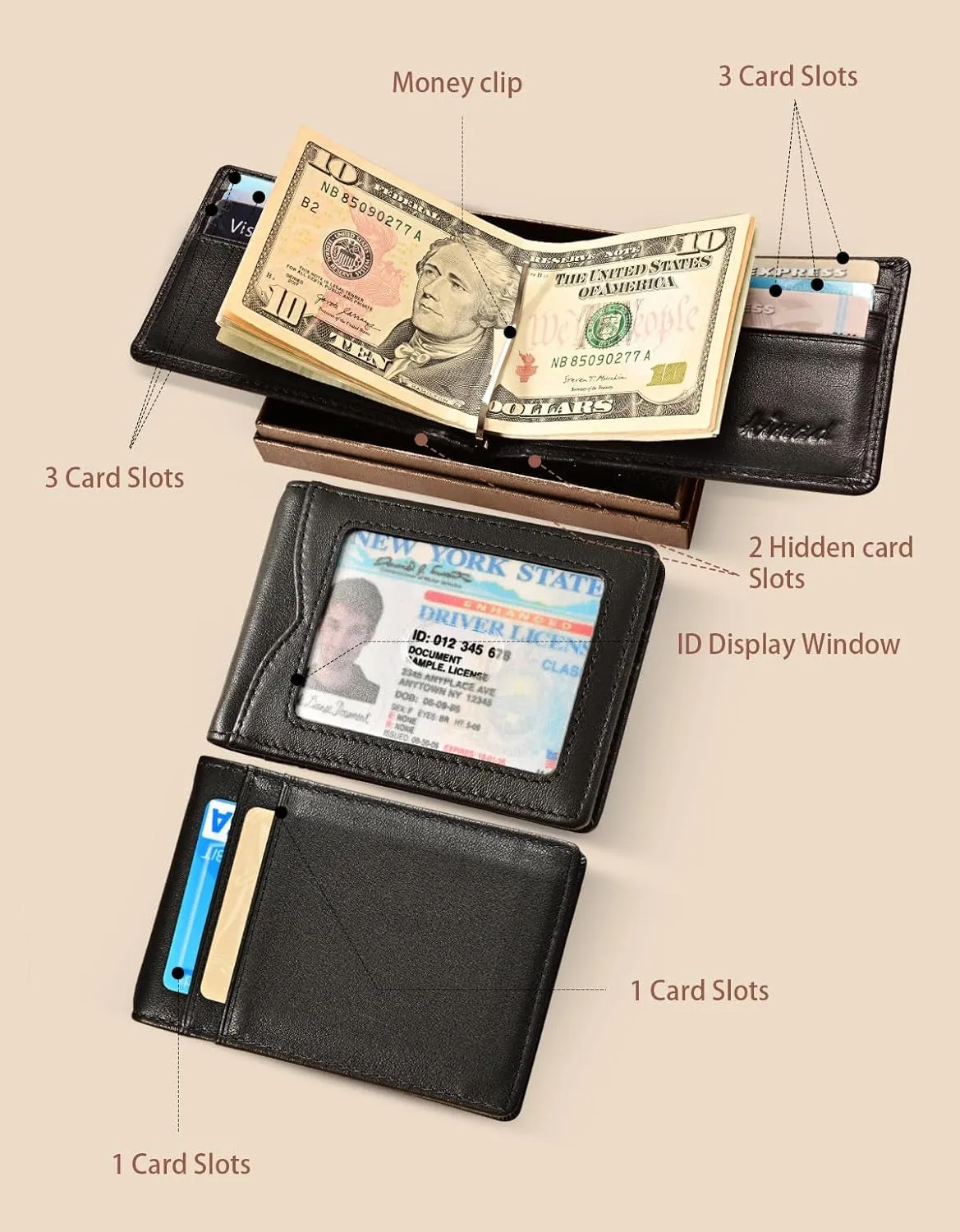 Slim Bifold Wallet for Men with Money Clip, RFID Blocking  Genuine Leather Front Pocket Wallet