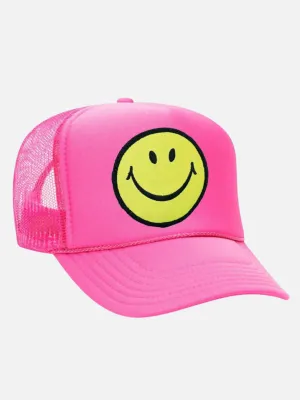 SMILEY VINTAGE LOW RISE TRUCKER HAT IN NEON PINK