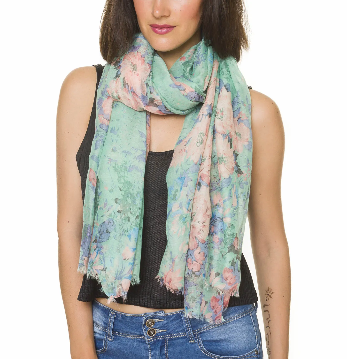 Spanish Design Printed Viscose Scarf (Green Floral)