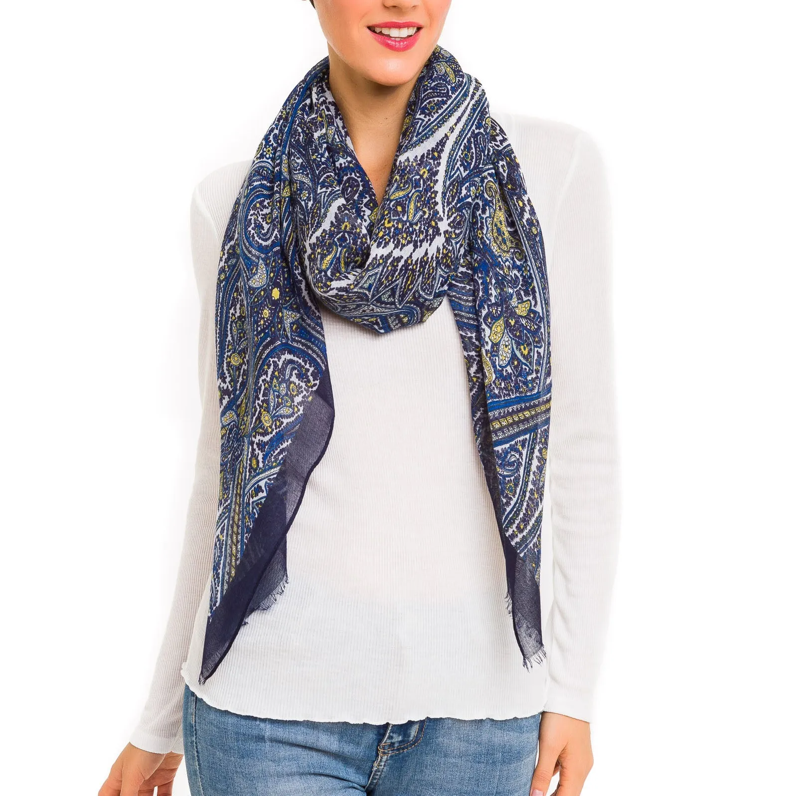 Spanish Design Printed Viscose Scarf (Navy Paisley)