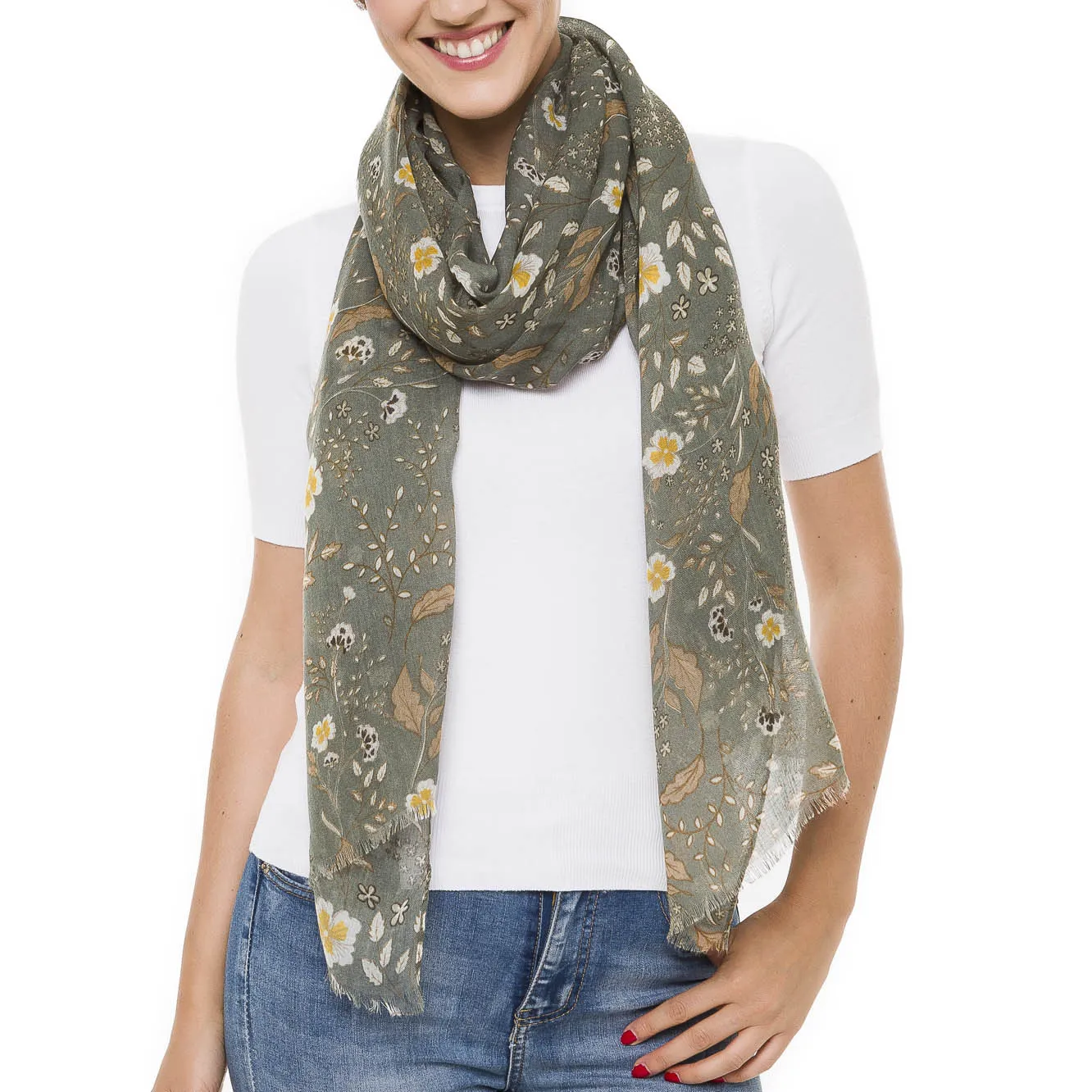 Spanish Design Printed Viscose Scarf (Taupe Flower)