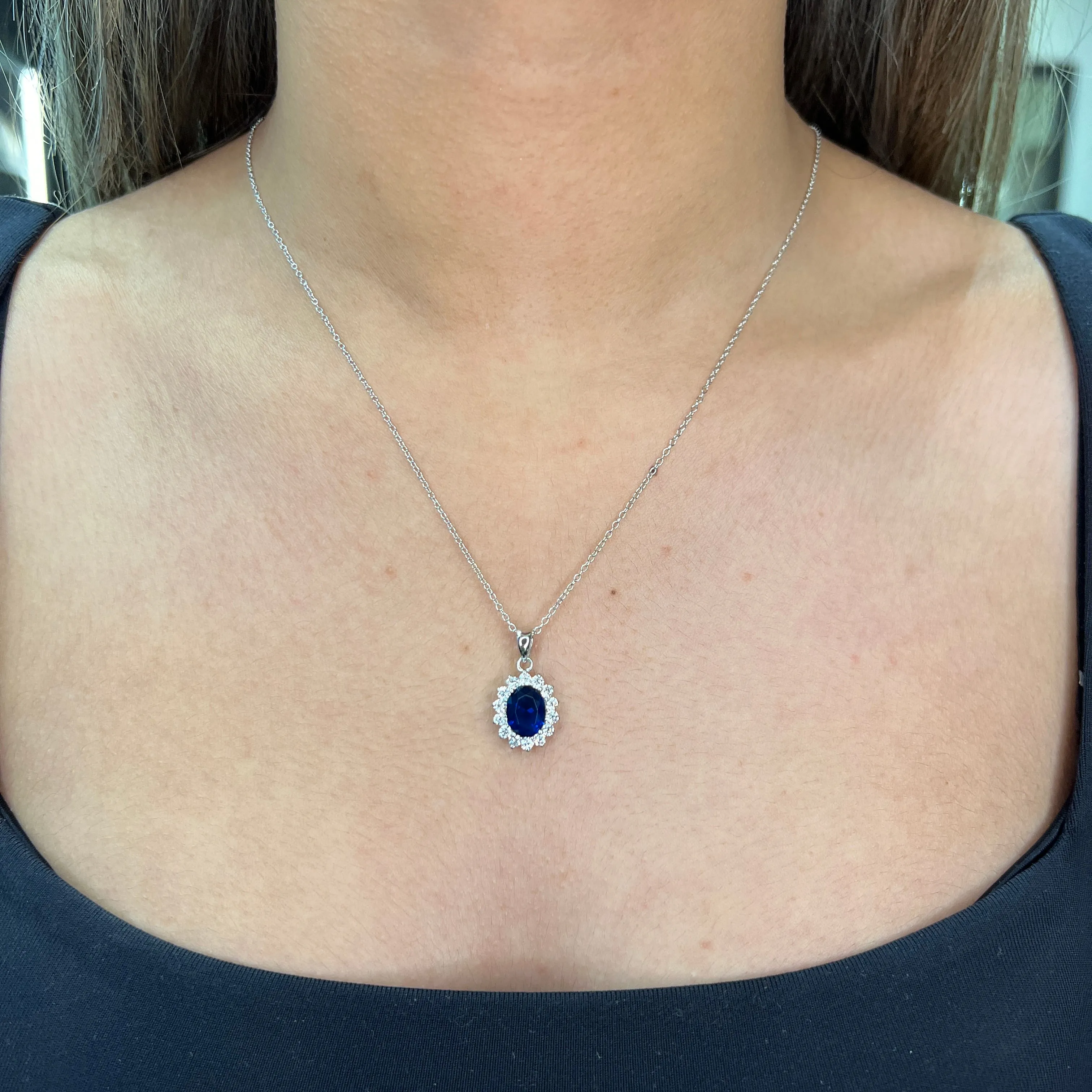 Sterling Silver Blue and Clear Cubic Zirconia Halo Pendant