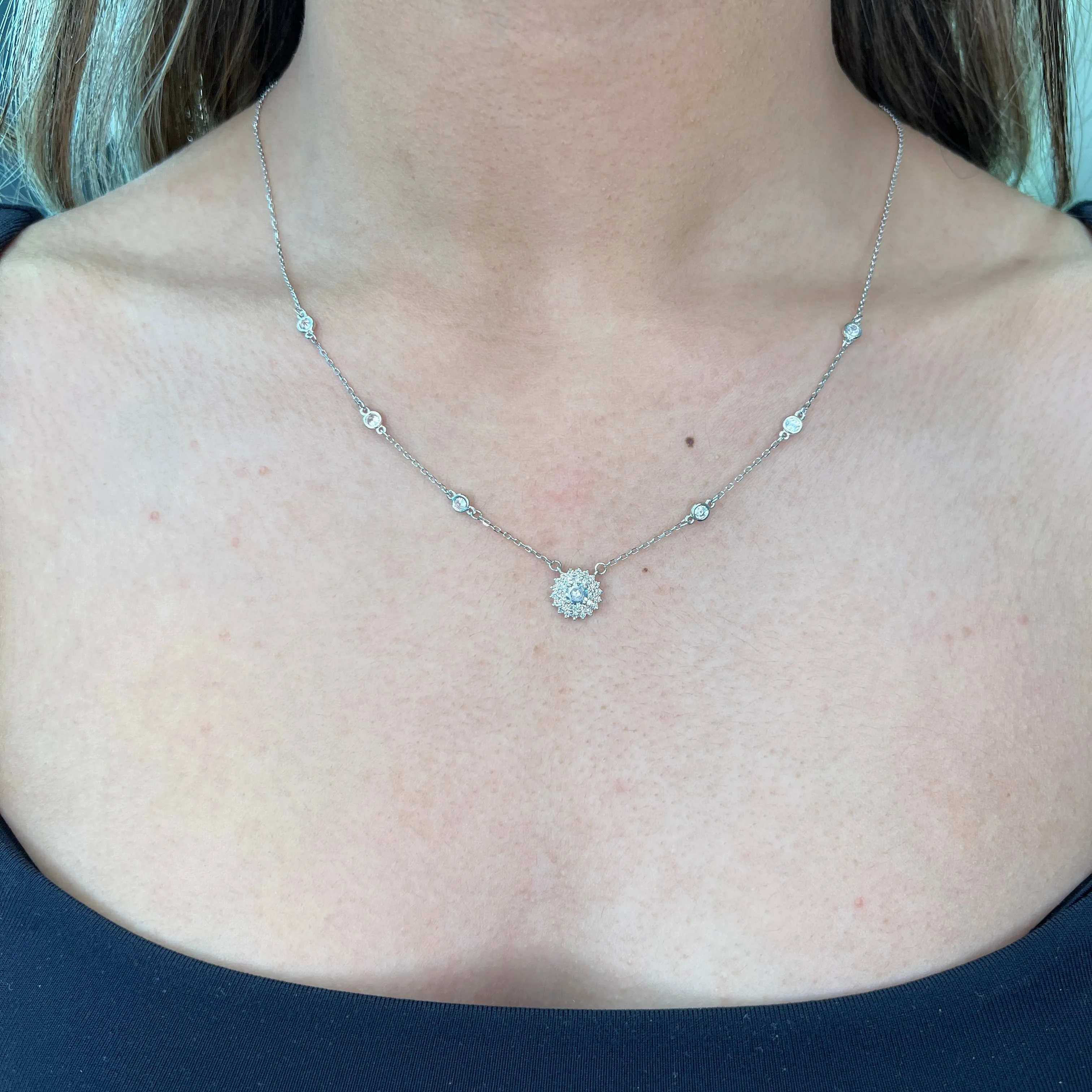 Sterling Silver Cubic Zirconia Station Bezel Floral Necklace