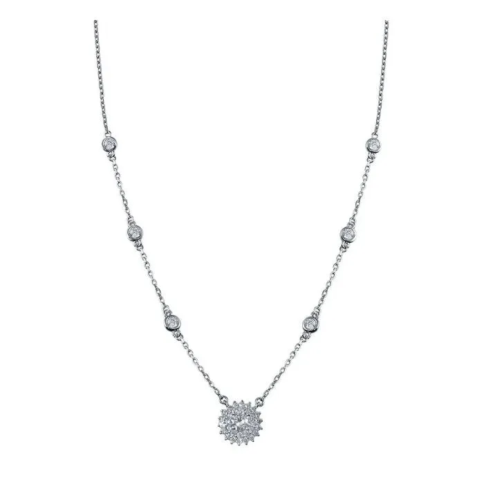 Sterling Silver Cubic Zirconia Station Bezel Floral Necklace