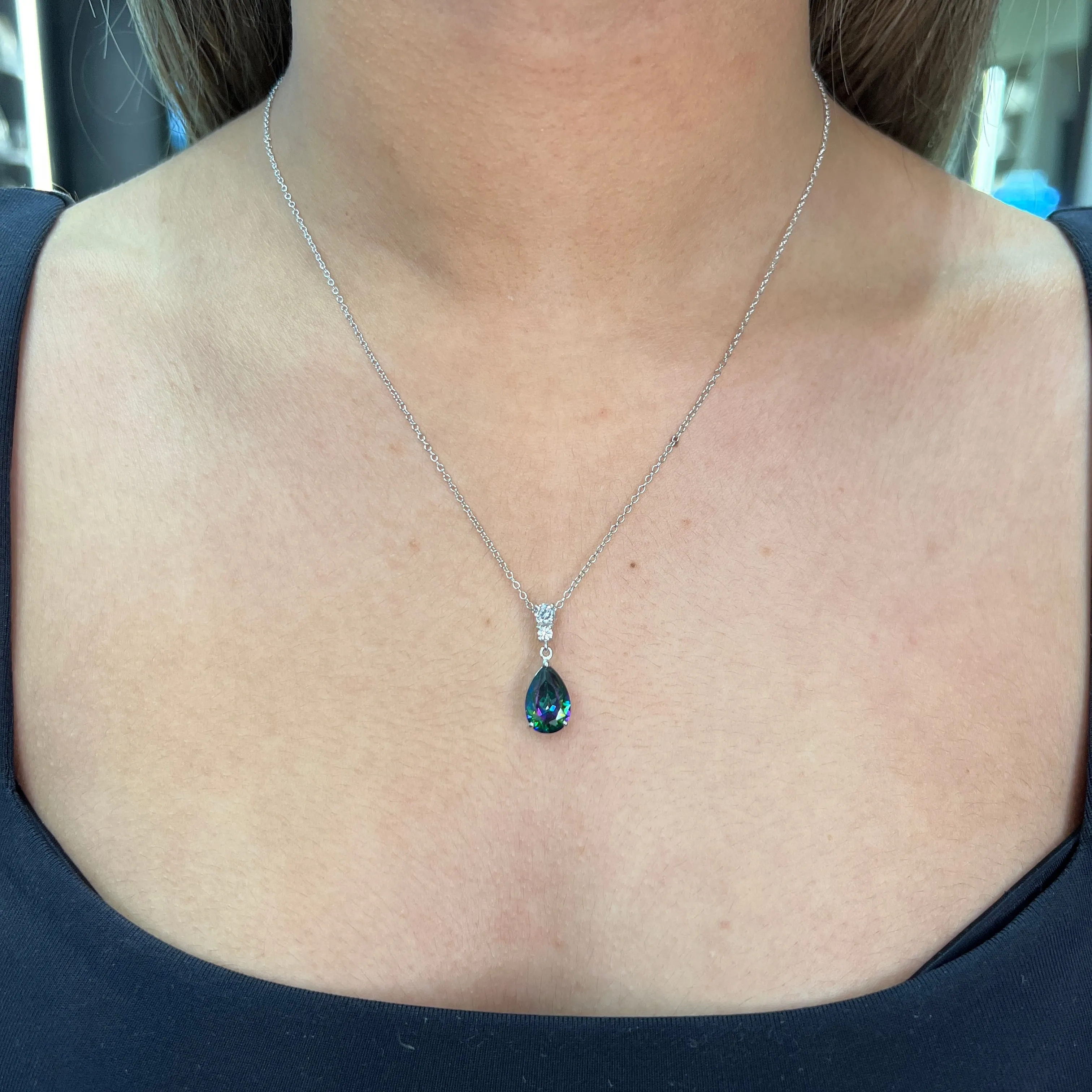 Sterling Silver Synthetic Mystic Topaz and Clear Cubic Zirconia Teardrop Pendant