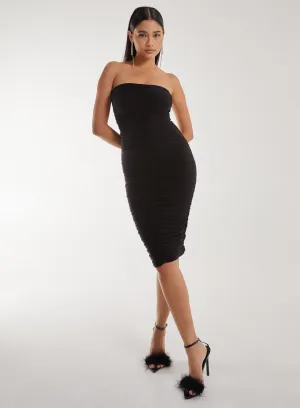 Strapless Ruched Slinky Midi Dress