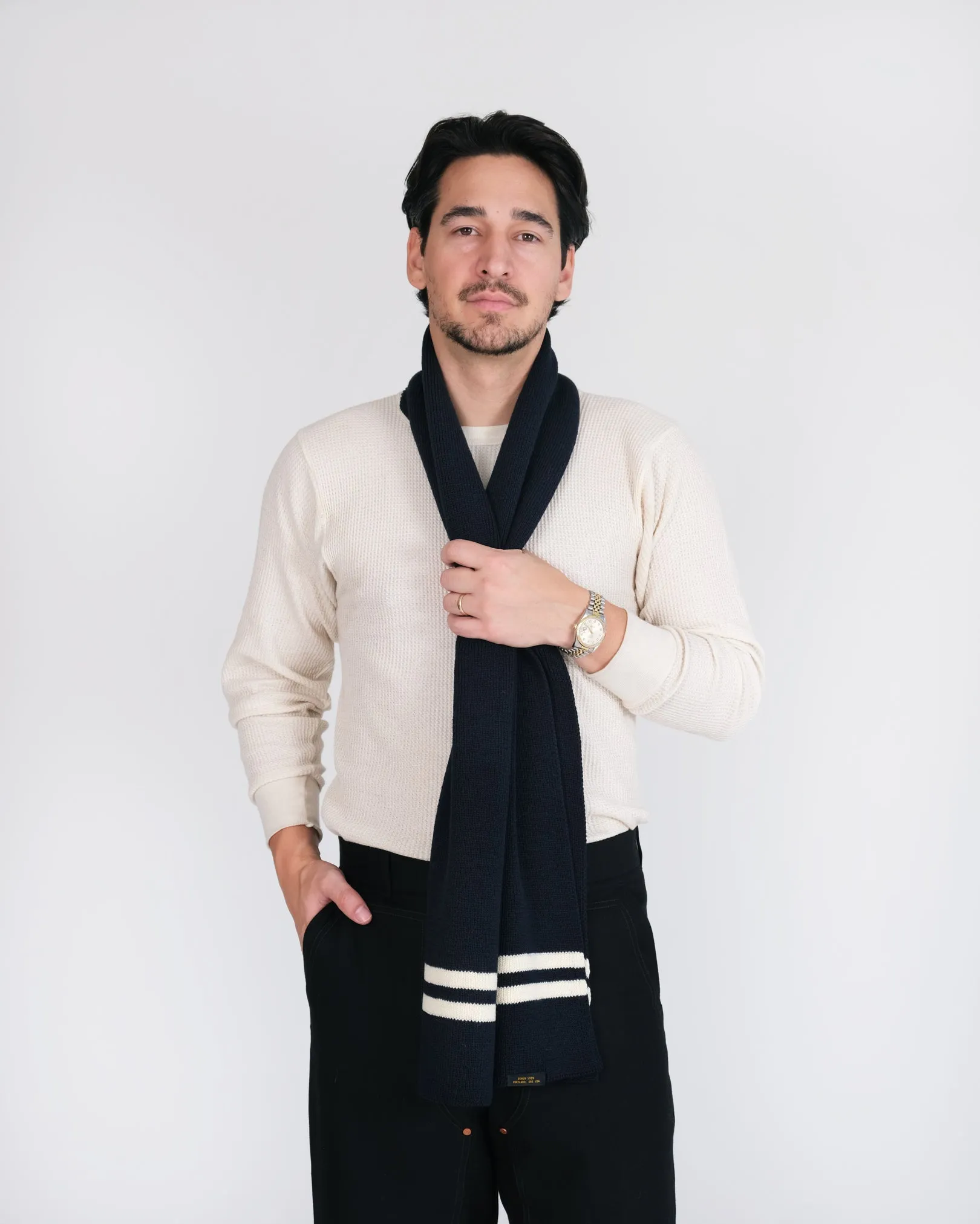 Striped Wool Scarf - Dark Navy / Off White