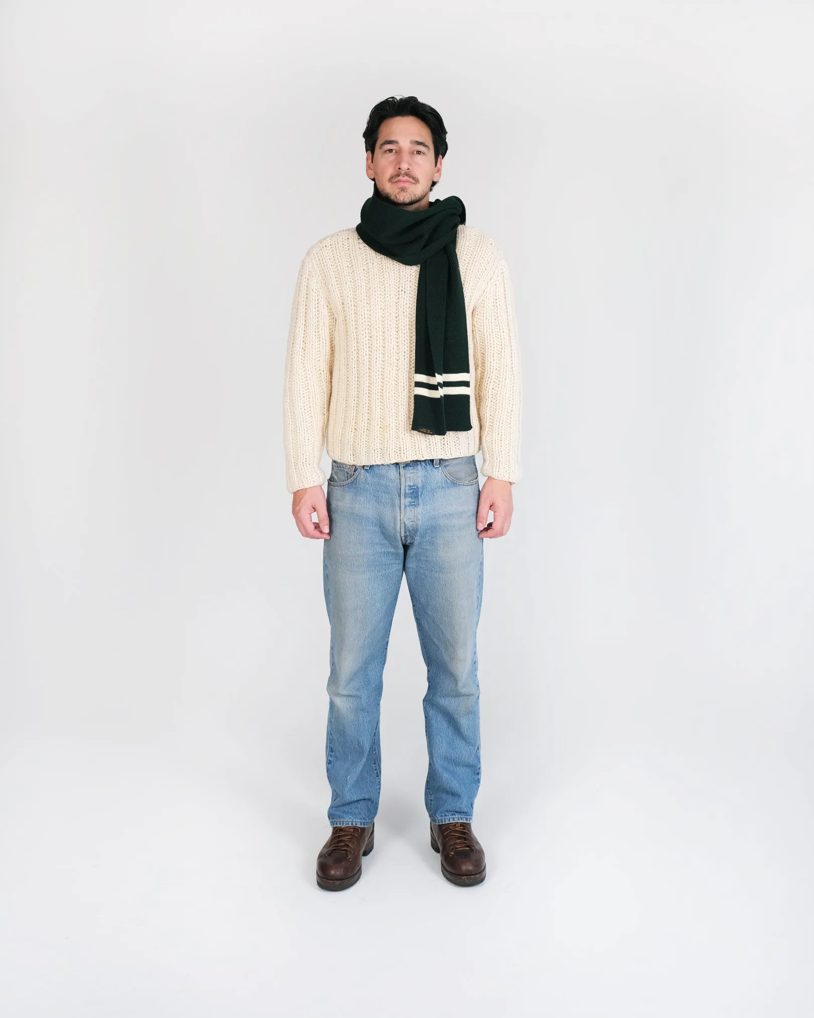 Striped Wool Scarf - Pine / Off White