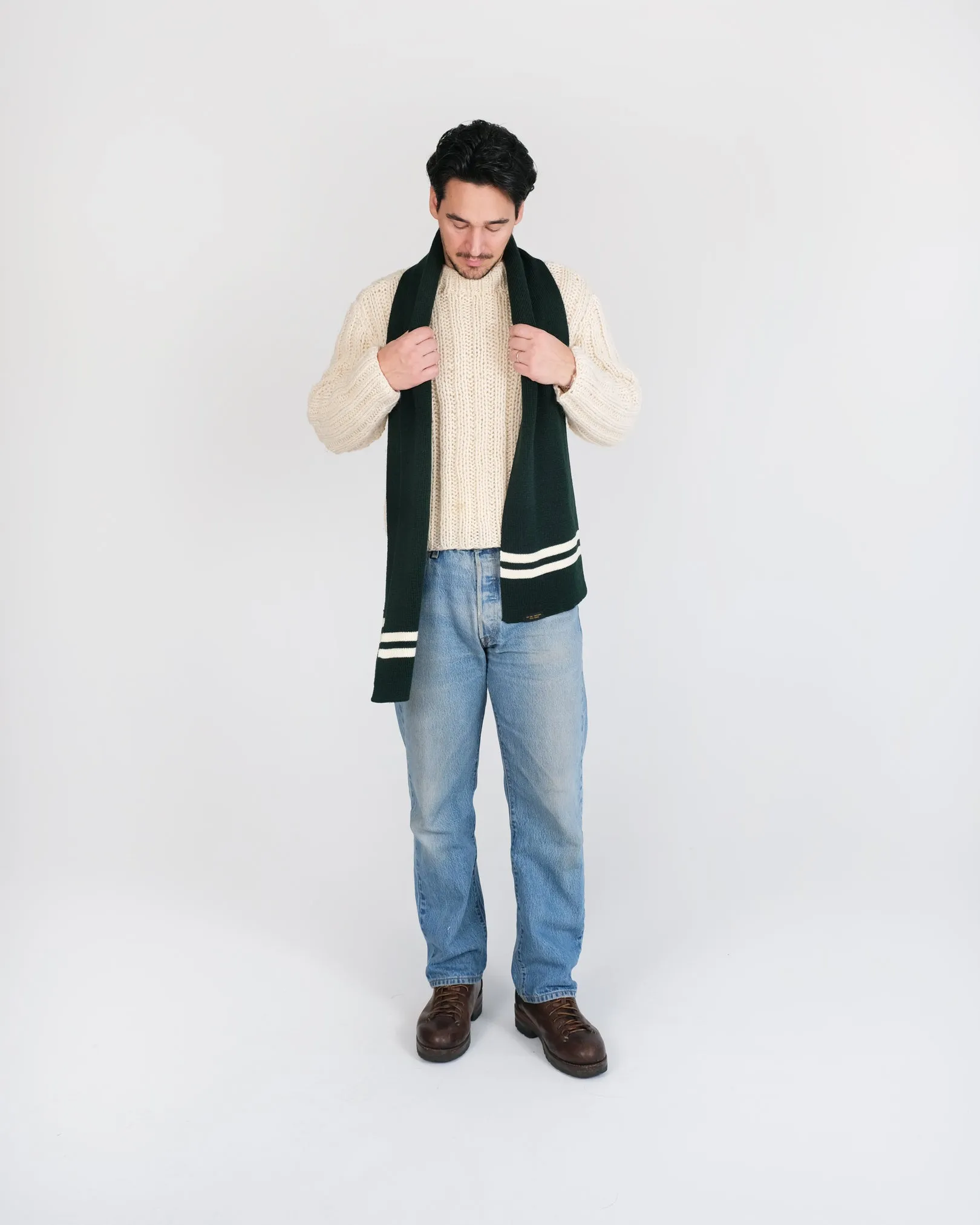 Striped Wool Scarf - Pine / Off White