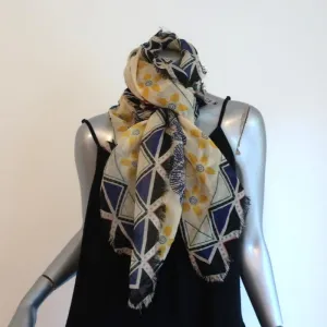 Suno Scarf Floral Print Fringed Wool Gauze