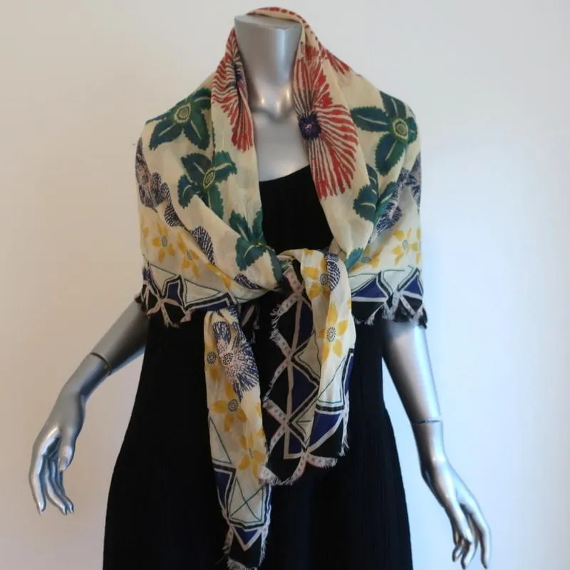 Suno Scarf Floral Print Fringed Wool Gauze