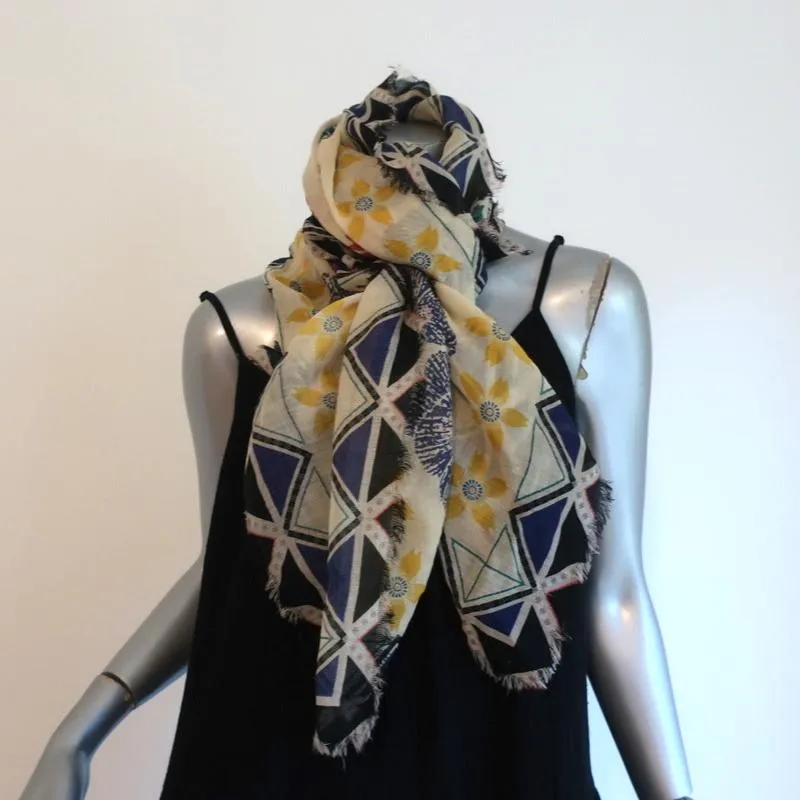 Suno Scarf Floral Print Fringed Wool Gauze