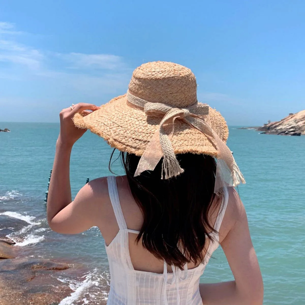 TASSEL EDGE WOVEN FEDORA HATS STRAW WITH BOW TIE_CWAH1154: BEIGE3 / (OS) 1