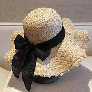TASSEL EDGE WOVEN FEDORA HATS STRAW WITH BOW TIE_CWAH1154: BEIGE3 / (OS) 1