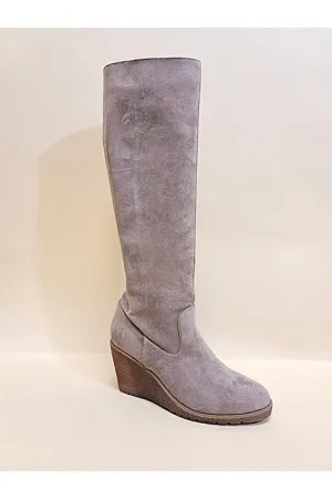 Taupe Knee-High Wedge Heel Boots