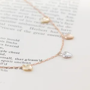 Tri-Tone Puffy Heart Station Necklace, Rose Gold Chain