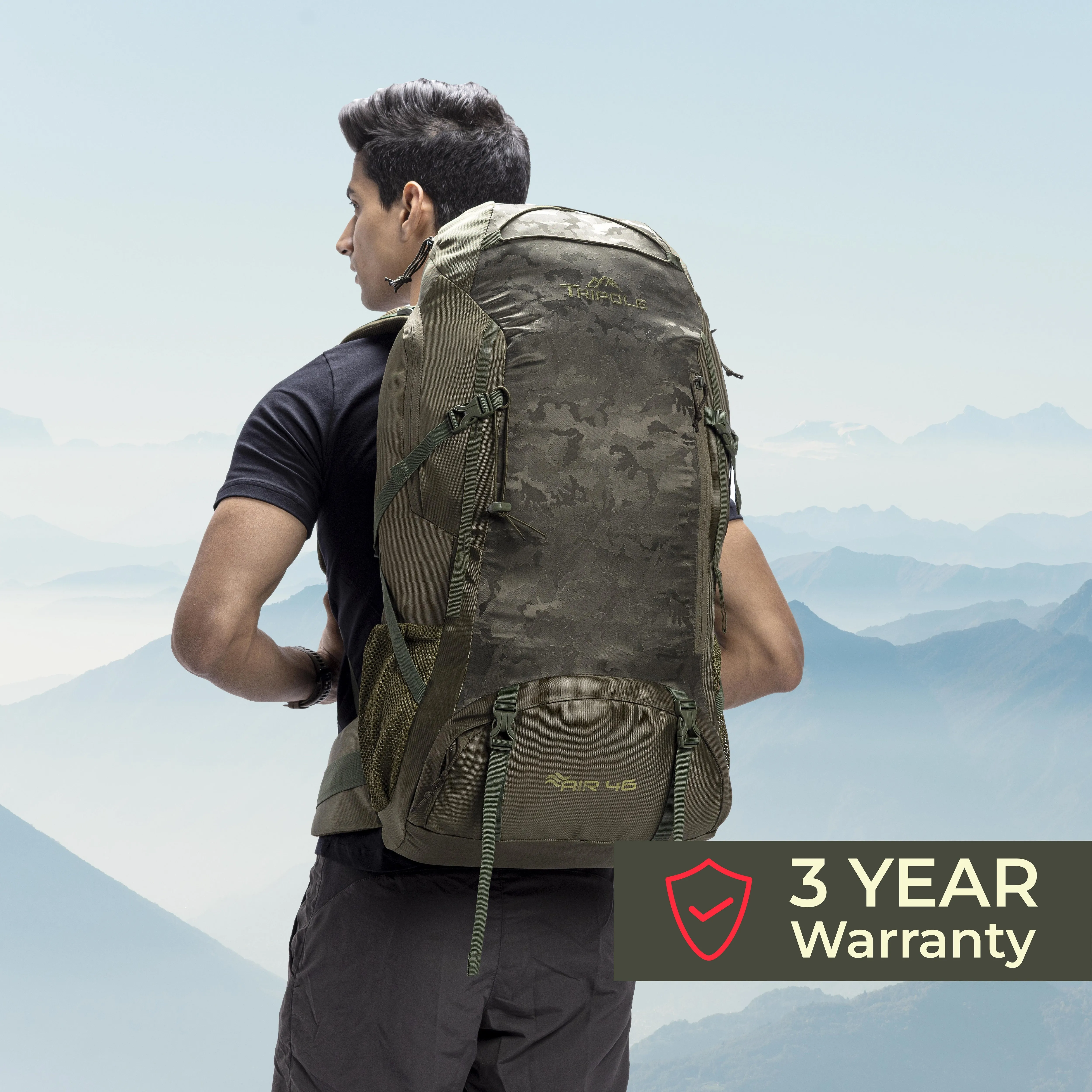 Tripole Air Trekking and Travel Rucksack with Rain Cover and Laptop Sleeve | 3 Year Warranty | Green Jacquard | 62 Litres
