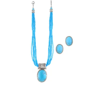 TURQUOISE EARRINGS AND OVAL 1.5"INCHES PENDANT LAYERED  NECKLACES SET #FW-SET01982-TRQ (I-Line Top)