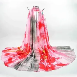 Two Tone Floral Printed Imitation Silk Scarf - Pink And Grey