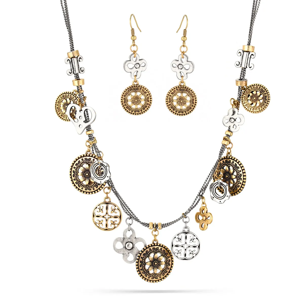 TWO TONE METAL CHARM EARRINGS AND  NECKLACES #HNN E86989TWTO