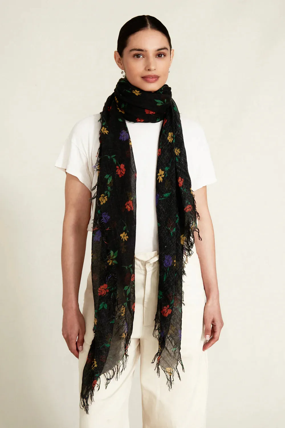 VALENTINA FLORAL CASHMERE AND SILK SCARF IN BLACK