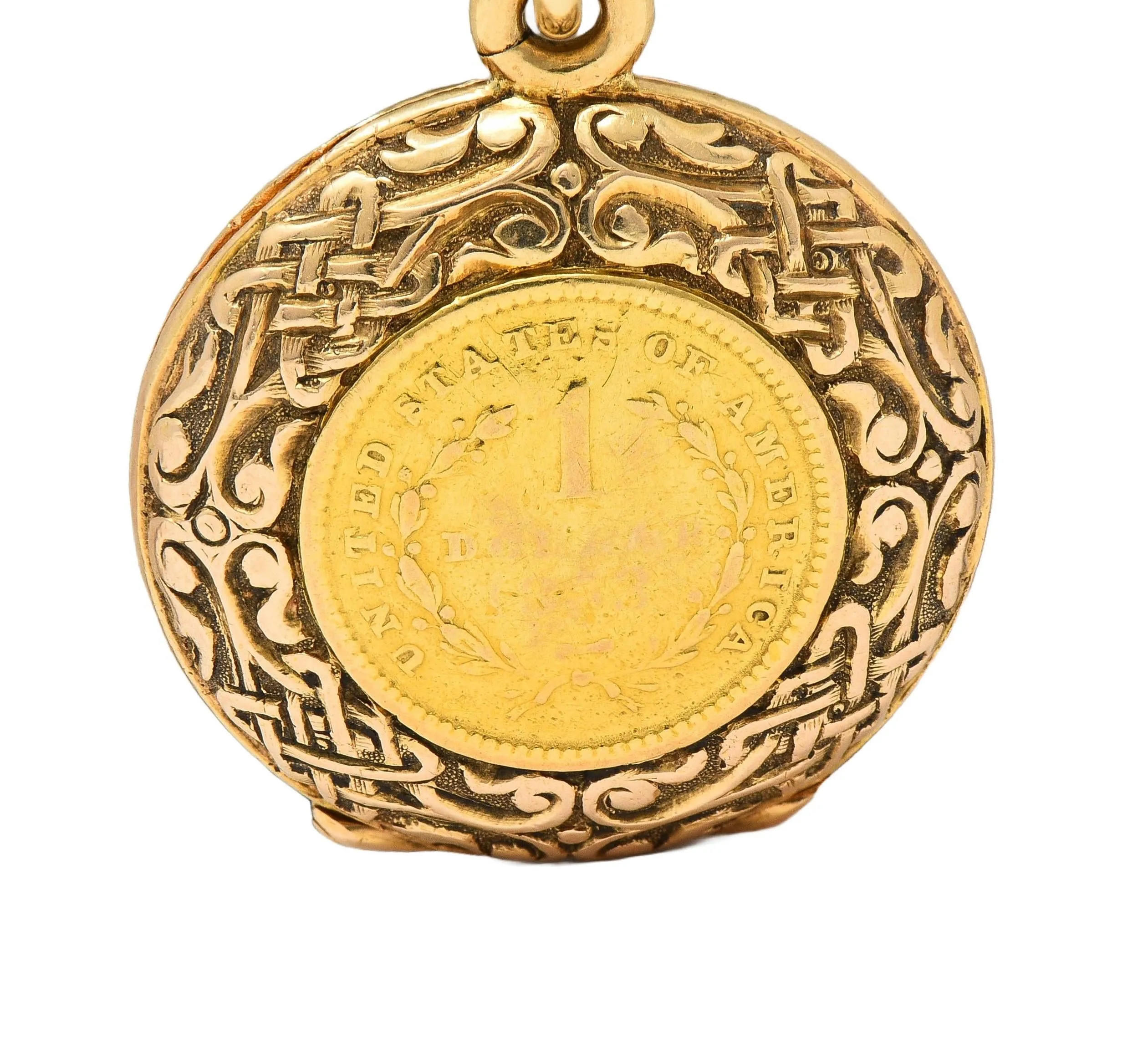 Victorian 14 Karat Rose Gold 1853 US Liberty Dollar Coin Antique Celtic Locket Pendant