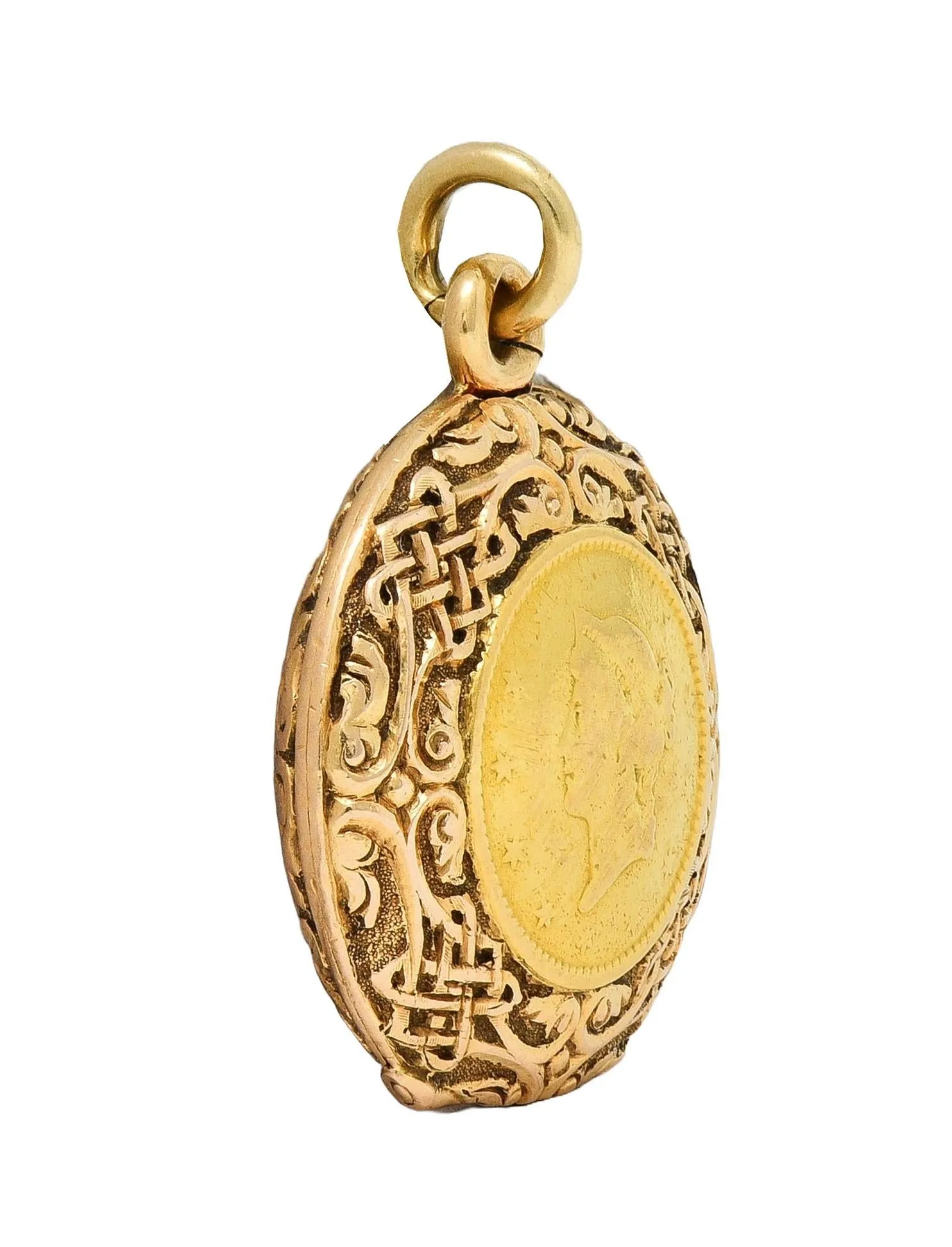 Victorian 14 Karat Rose Gold 1853 US Liberty Dollar Coin Antique Celtic Locket Pendant