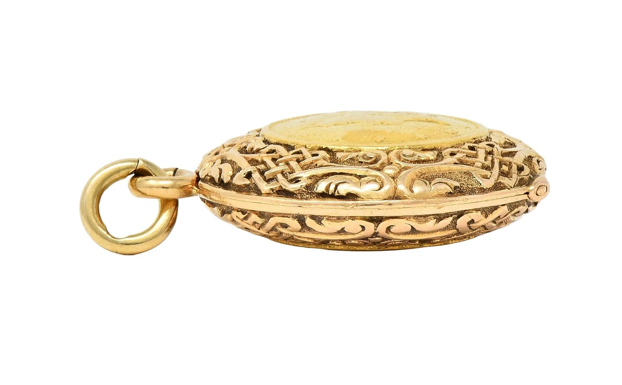 Victorian 14 Karat Rose Gold 1853 US Liberty Dollar Coin Antique Celtic Locket Pendant