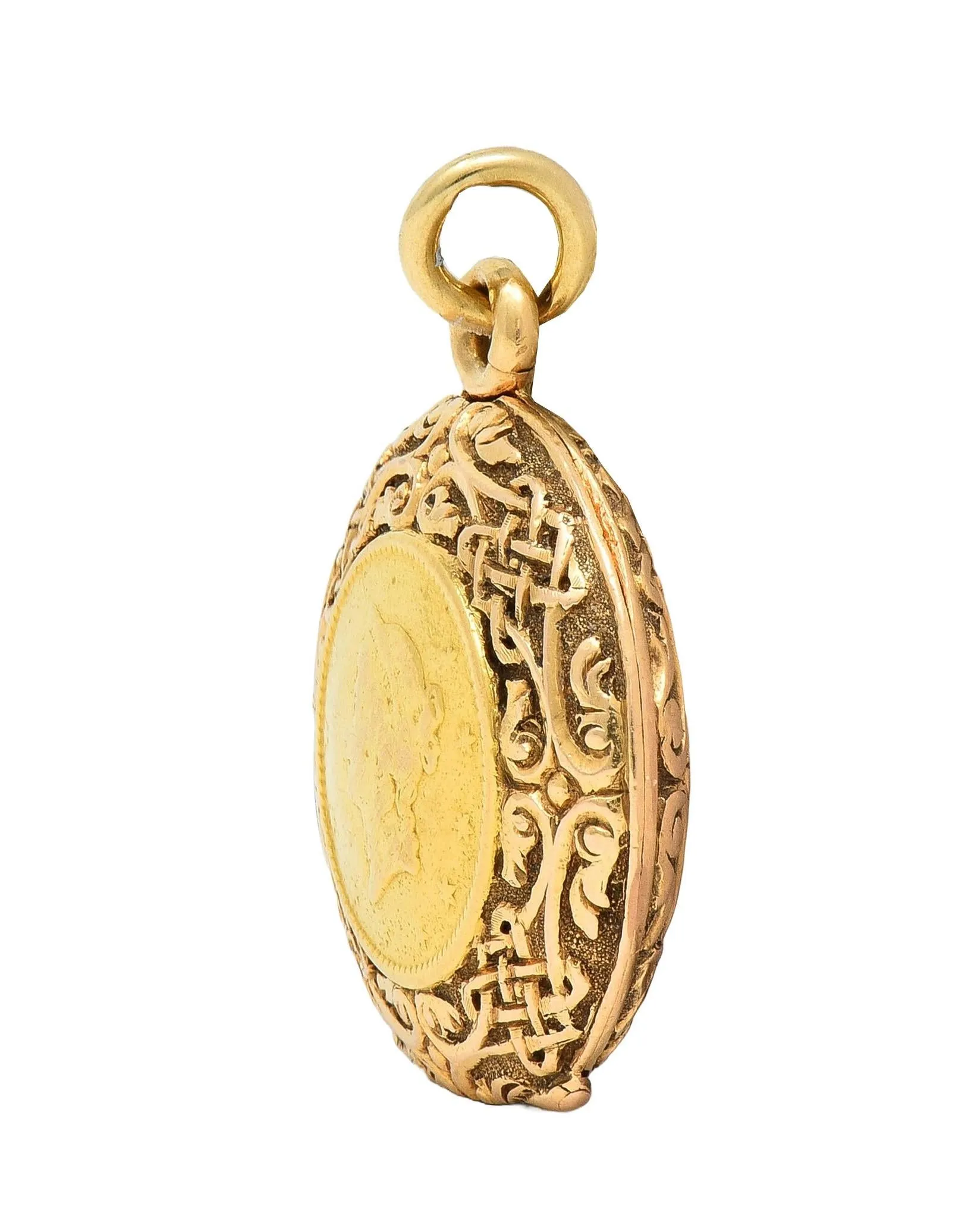 Victorian 14 Karat Rose Gold 1853 US Liberty Dollar Coin Antique Celtic Locket Pendant