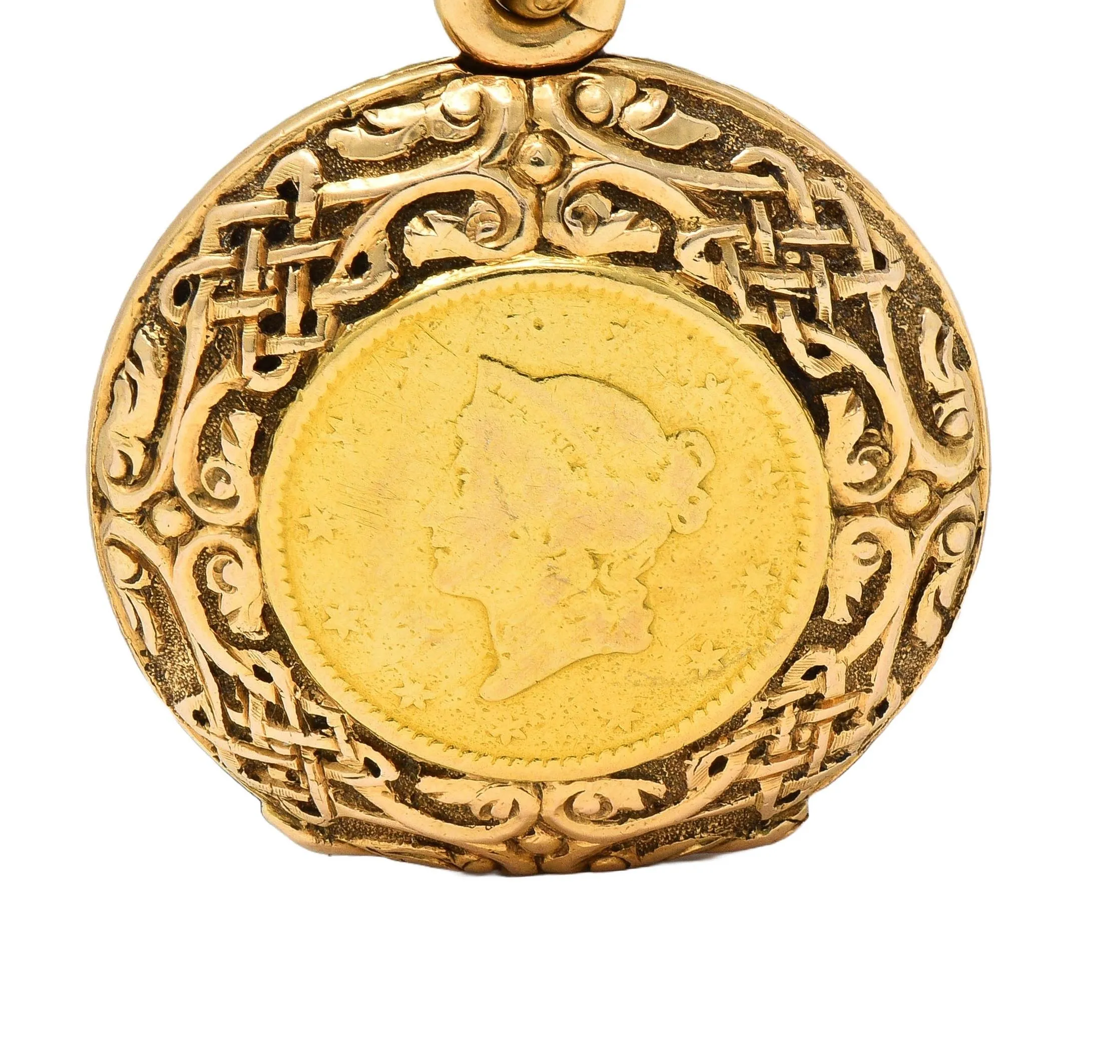 Victorian 14 Karat Rose Gold 1853 US Liberty Dollar Coin Antique Celtic Locket Pendant