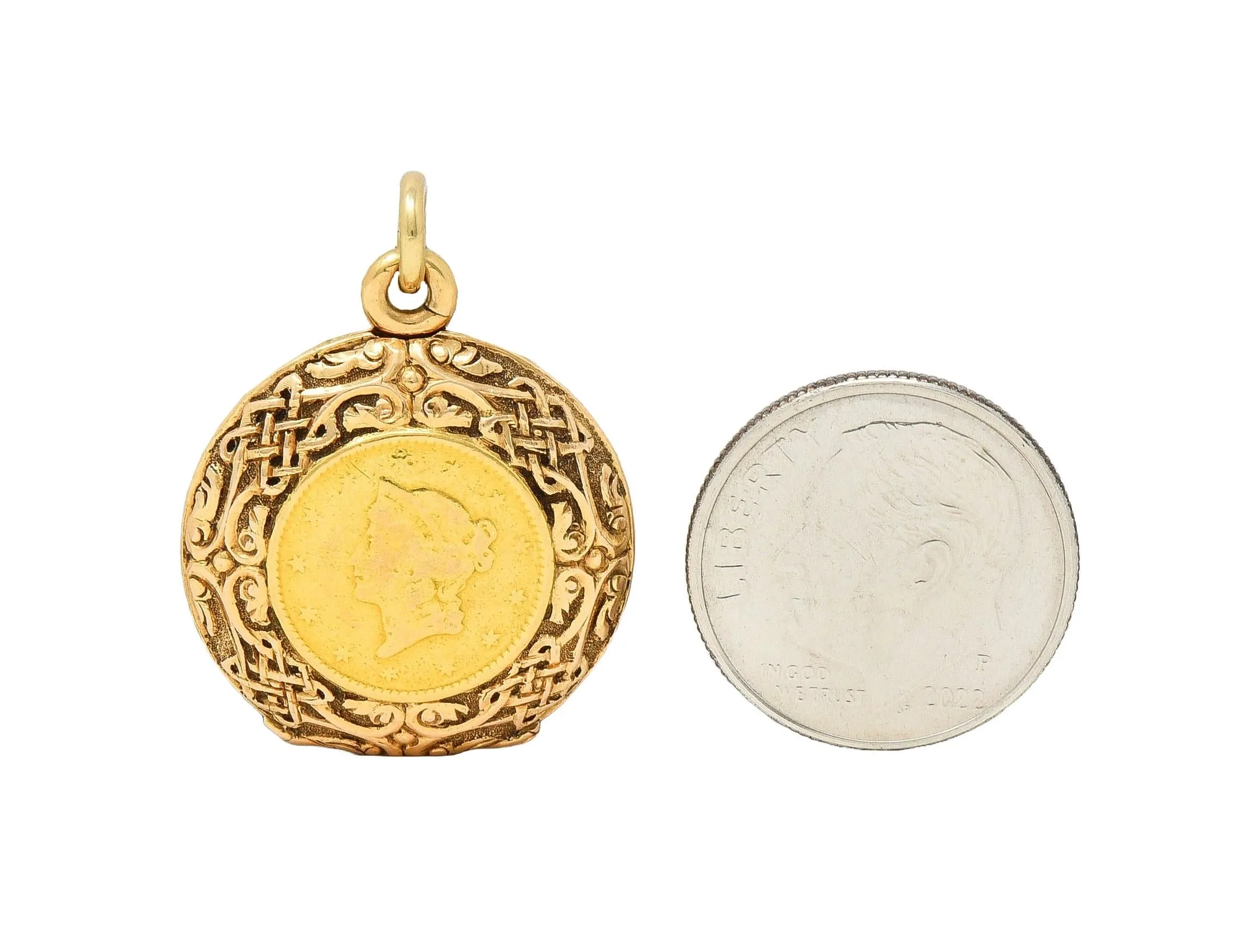 Victorian 14 Karat Rose Gold 1853 US Liberty Dollar Coin Antique Celtic Locket Pendant