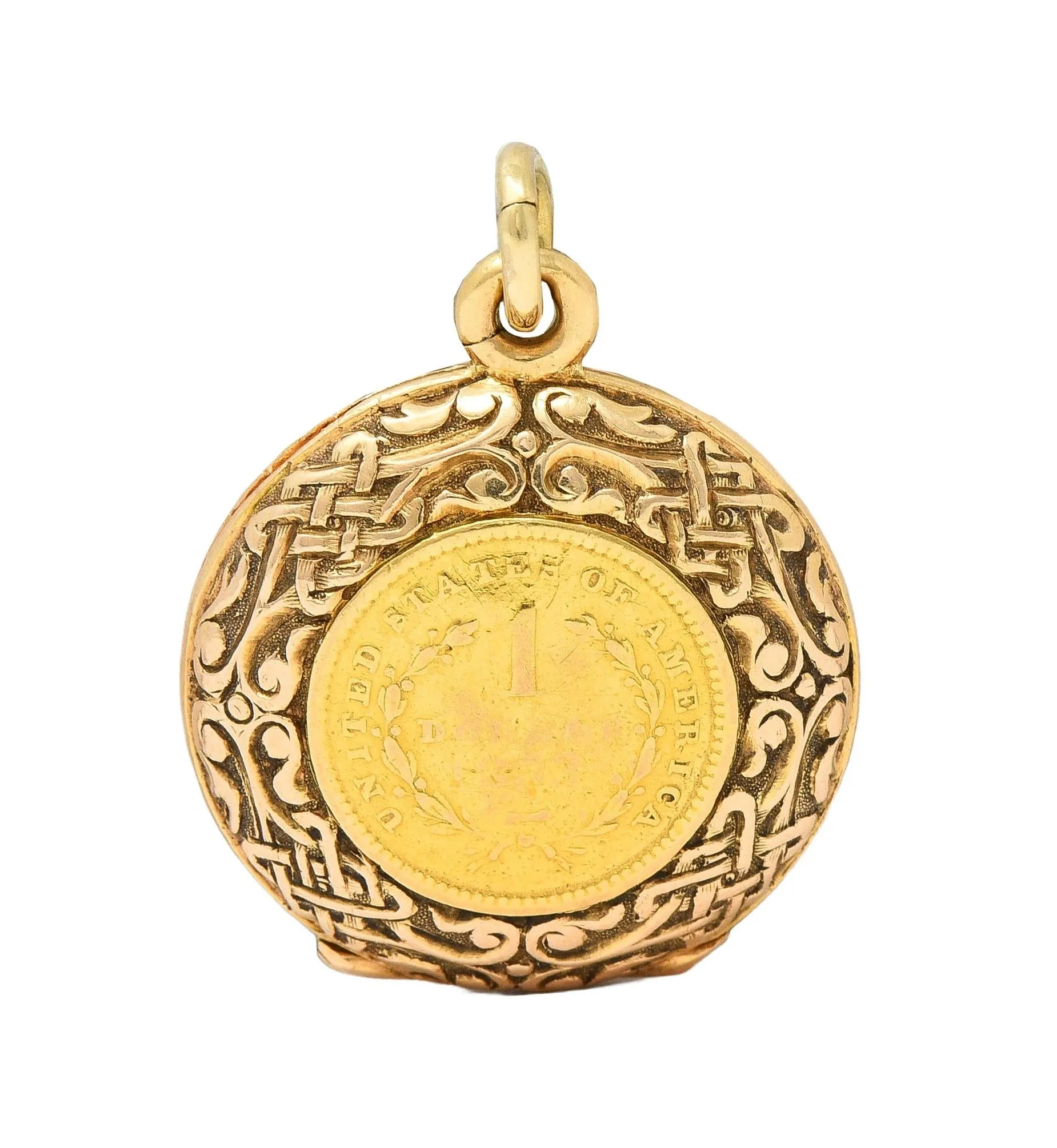Victorian 14 Karat Rose Gold 1853 US Liberty Dollar Coin Antique Celtic Locket Pendant