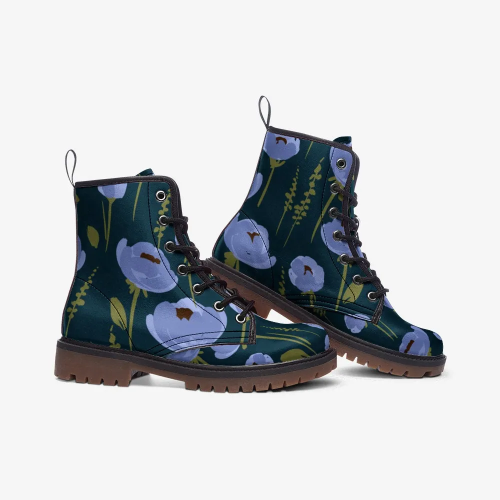 Vintage Floral Blue Vegan Leather Unisex Boots