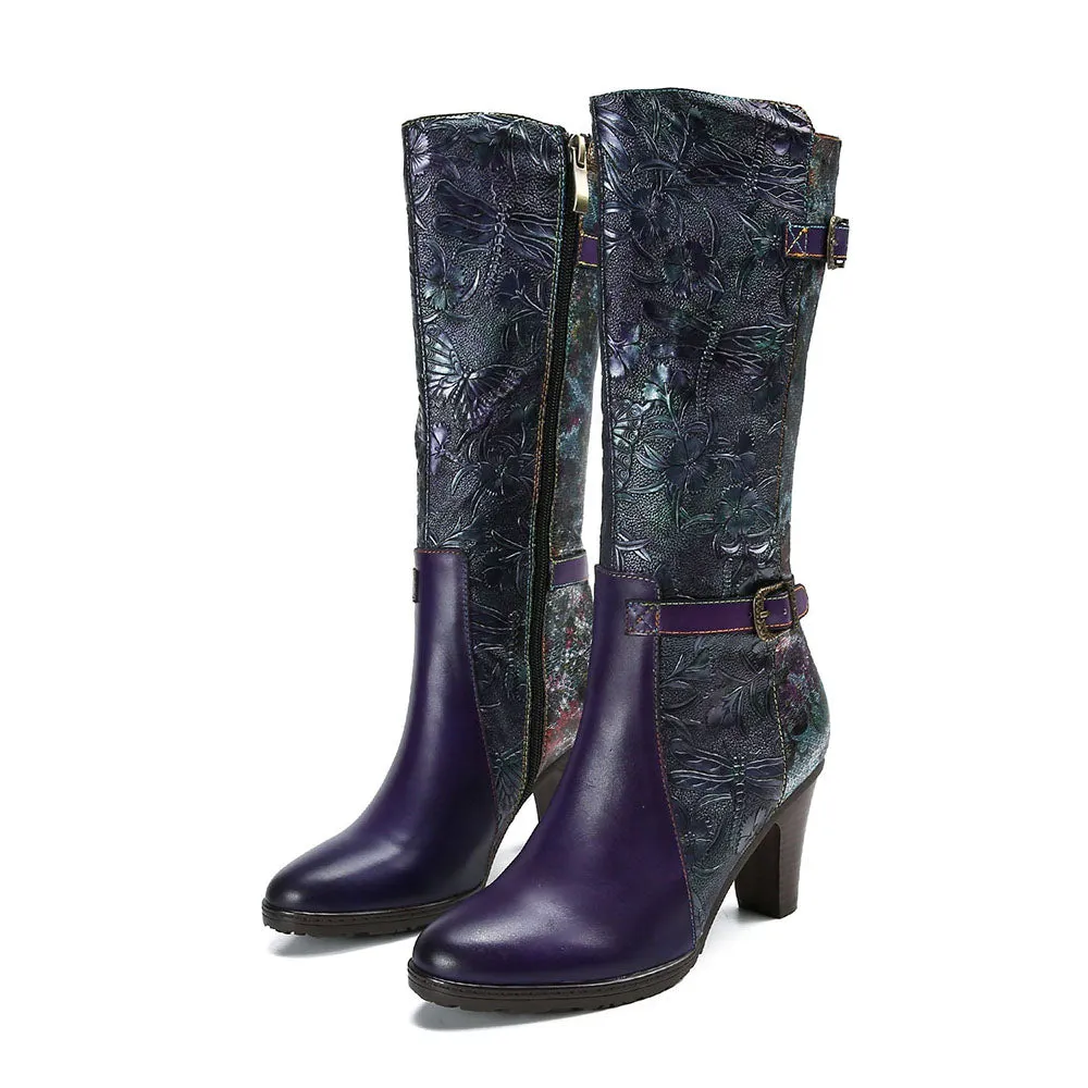 Warm Embossed Real Leather Dragonfly Boots
