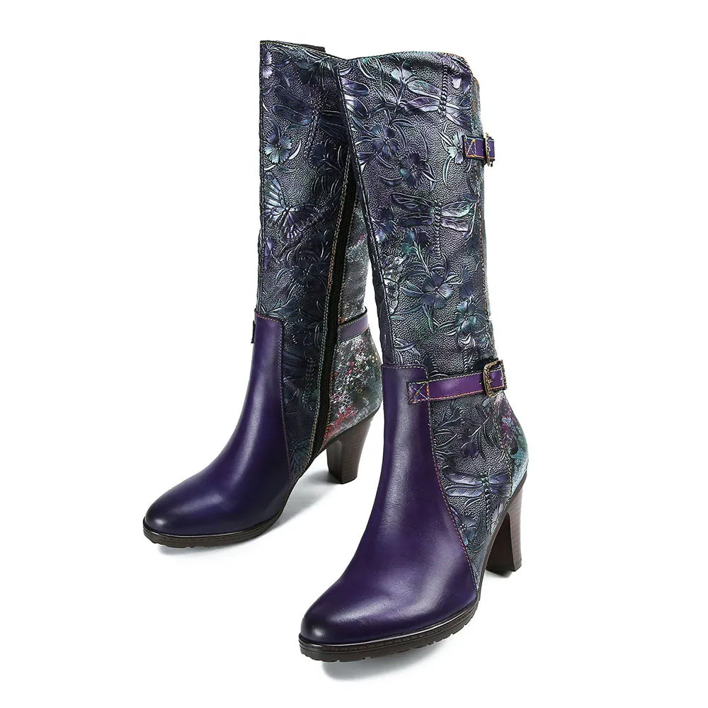 Warm Embossed Real Leather Dragonfly Boots