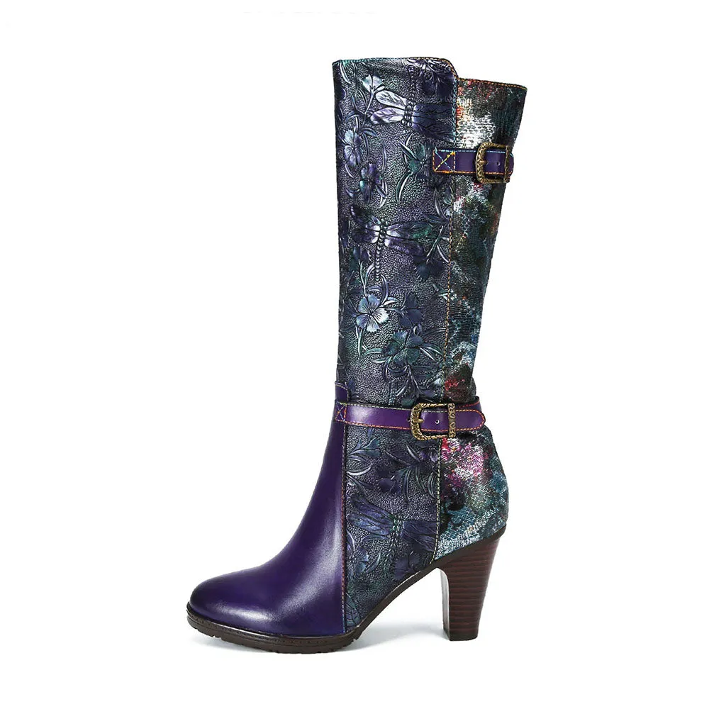 Warm Embossed Real Leather Dragonfly Boots