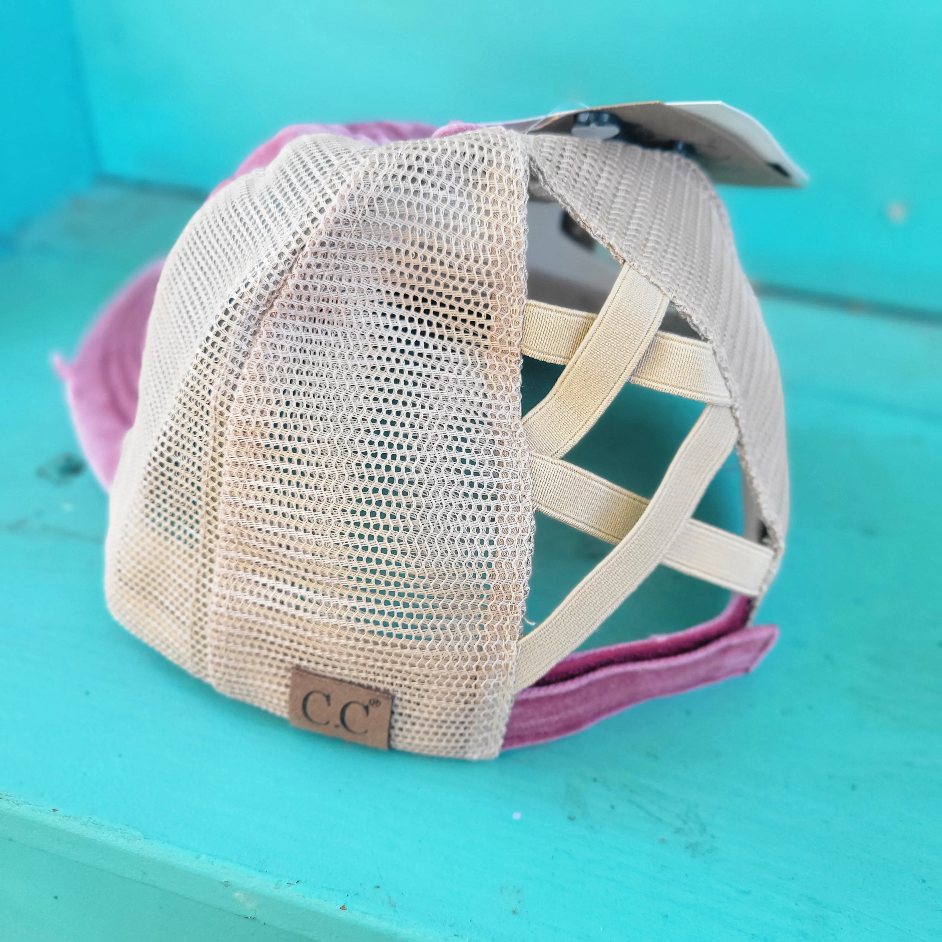 Washed Denim Criss Cross High Pony CC Ball Cap - Berry/Beige