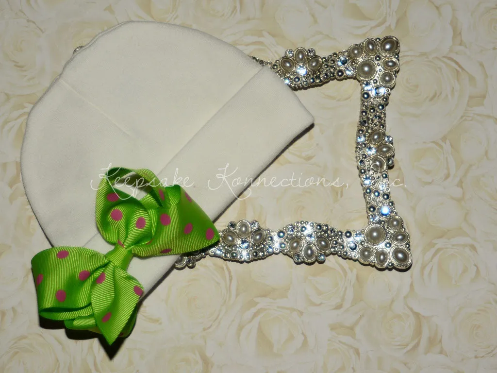White Beanie Hat with Double Polka Dot Bow