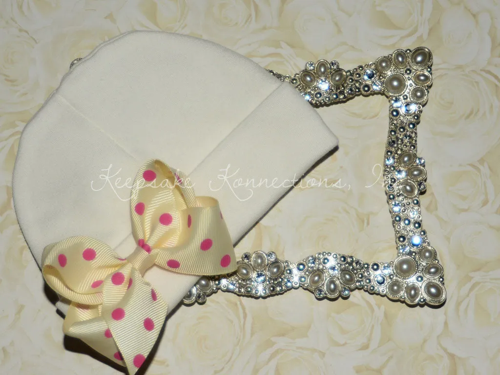 White Beanie Hat with Double Polka Dot Bow