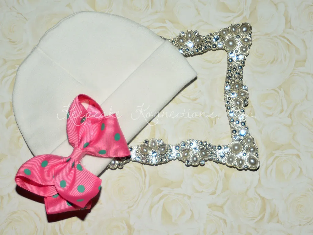 White Beanie Hat with Double Polka Dot Bow
