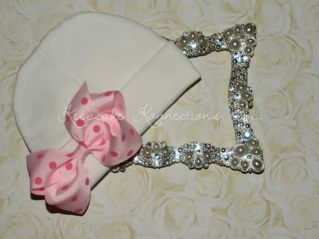 White Beanie Hat with Double Polka Dot Bow