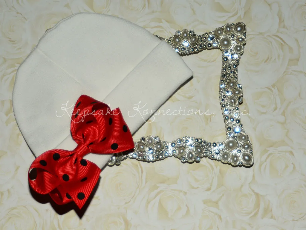 White Beanie Hat with Double Polka Dot Bow