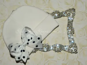 White Beanie Hat with Double Polka Dot Bow