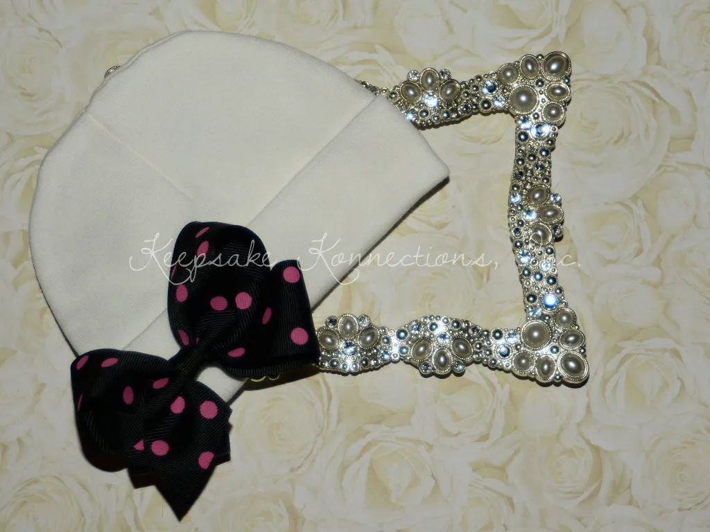 White Beanie Hat with Double Polka Dot Bow