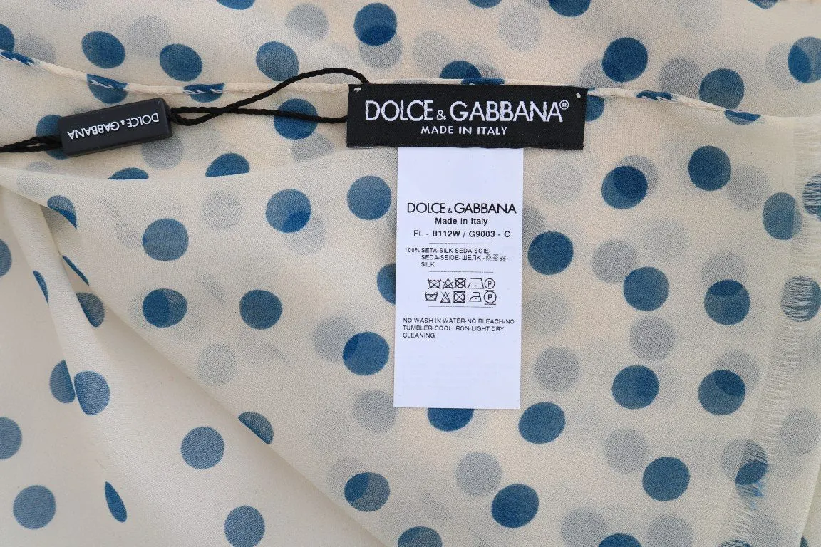 White Blue Polka Dotted Silk Scarf