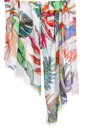 White Floral Modal Silk Wool Cashmere Scarf
